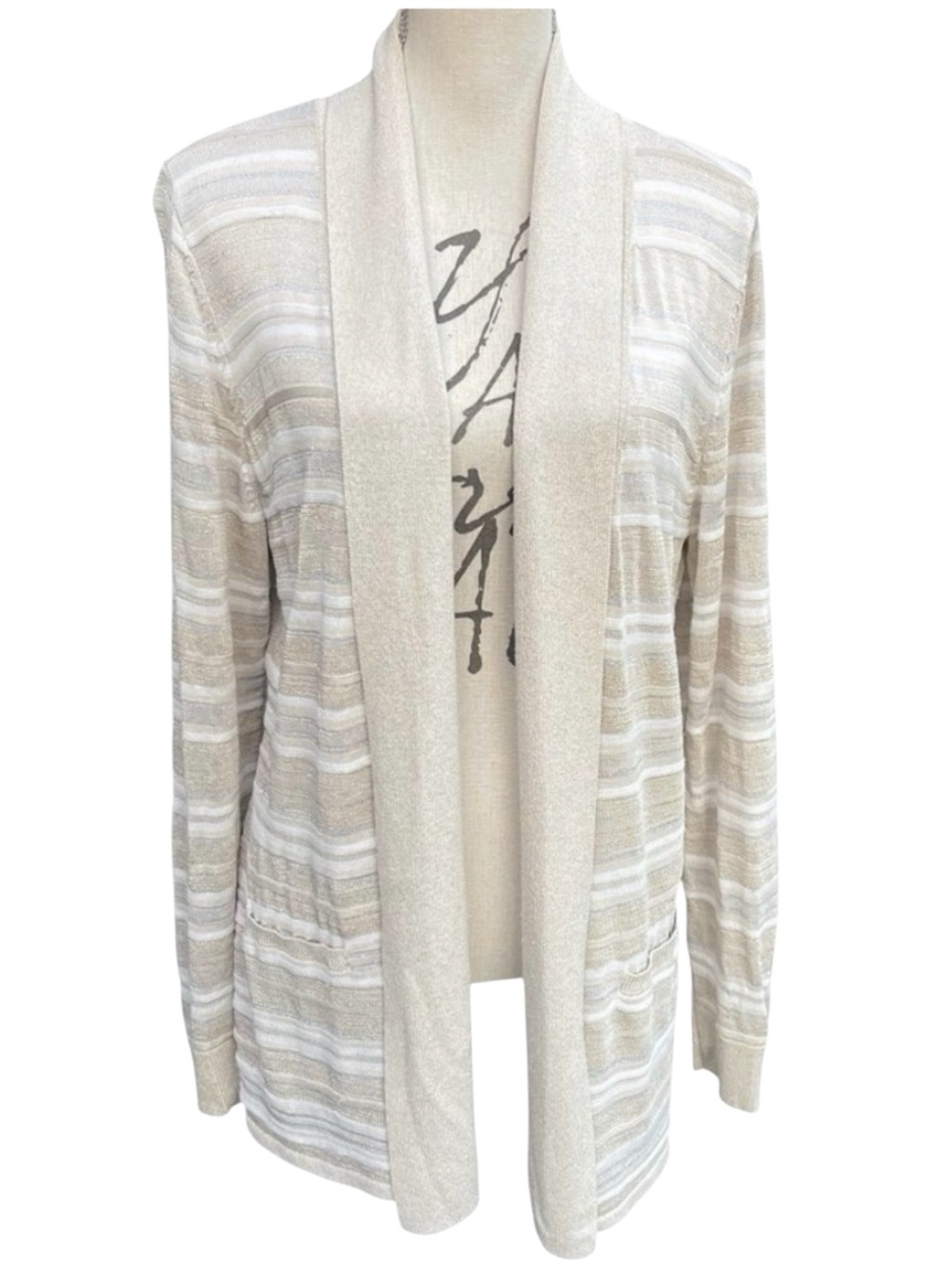White House Black Market Metallic Gold Stripe Open Front Drapey Cardigan (L)